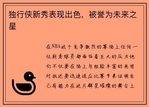 独行侠新秀表现出色，被誉为未来之星